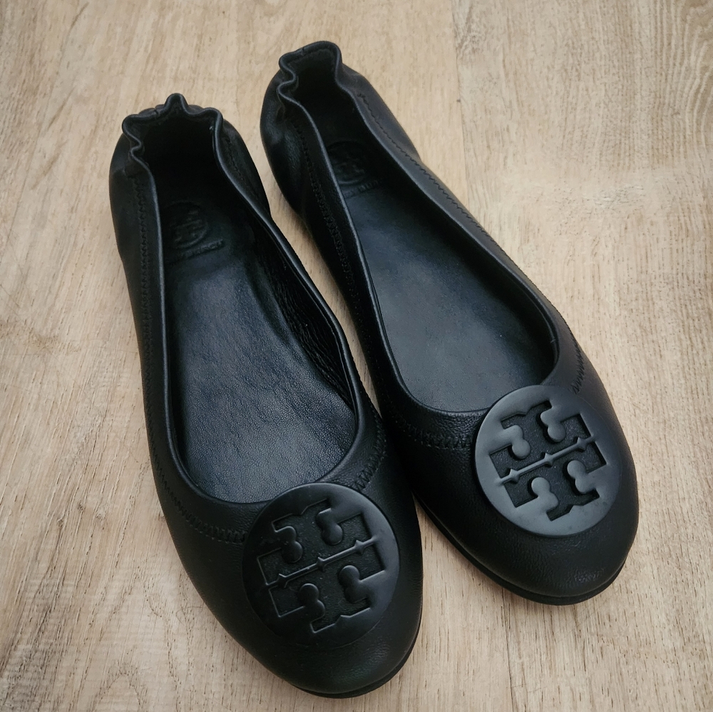 Tory Burch Ballet Flat Womens Sz 8M Minnie Travel Black Leather Flexible